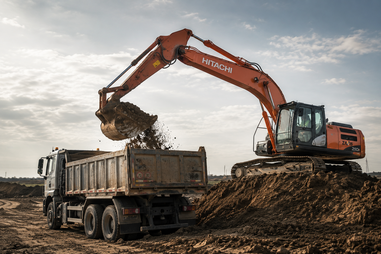 Escavatore e camion per movimento terra